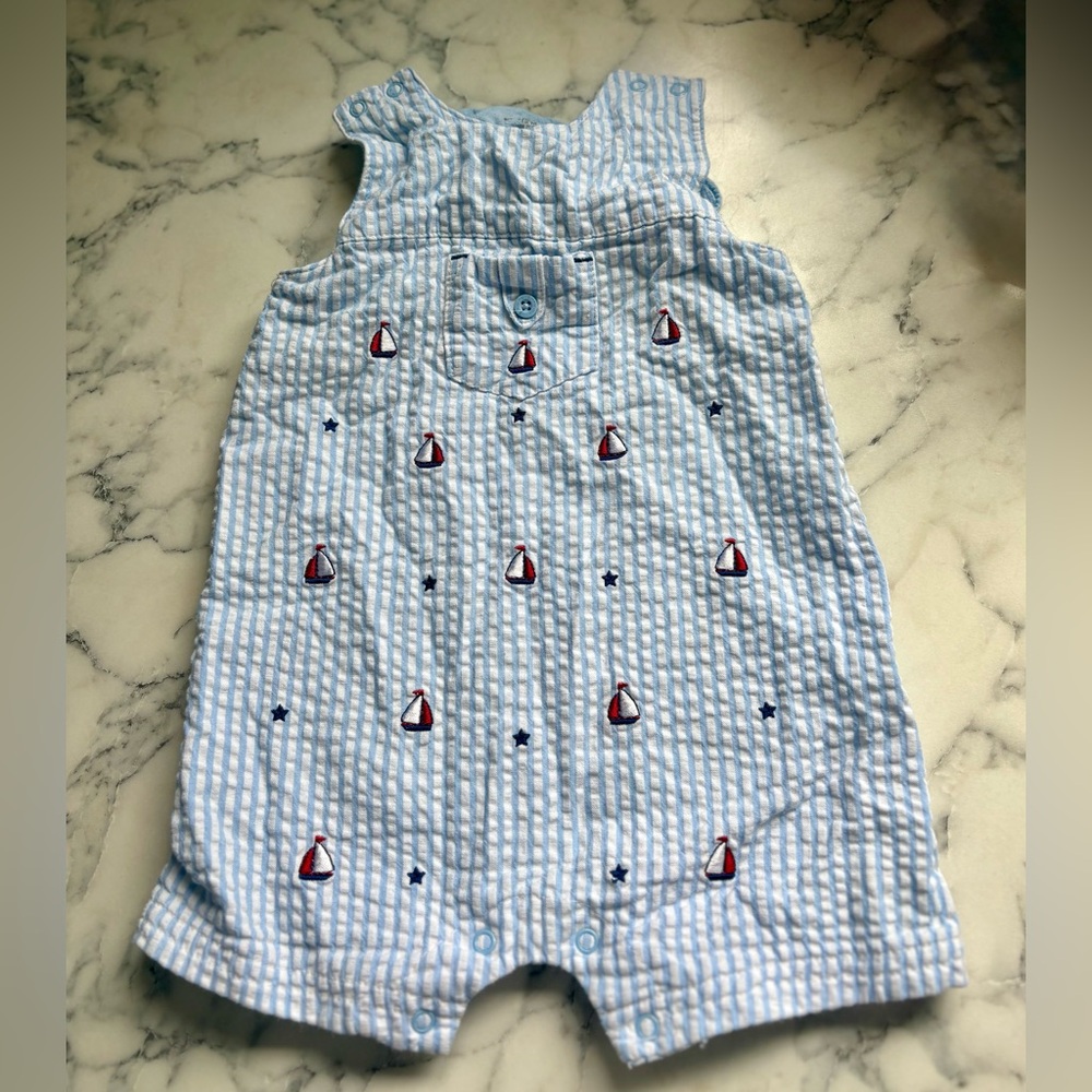 Vintage Little Me Embroidered Red/White/Blue Seersucker Romper